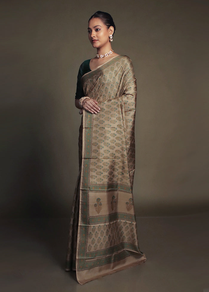 Cream Printed Pure Silk Saree Without Blouse Piece