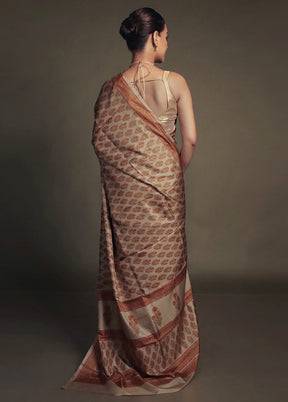 Cream Printed Pure Silk Saree Without Blouse Piece