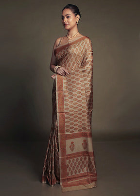 Cream Printed Pure Silk Saree Without Blouse Piece