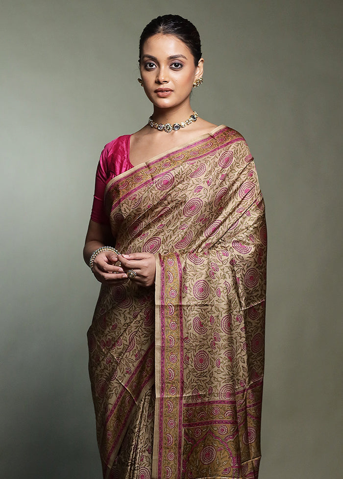 Cream Printed Pure Silk Saree Without Blouse Piece