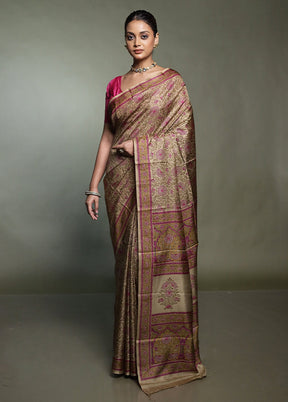 Cream Printed Pure Silk Saree Without Blouse Piece