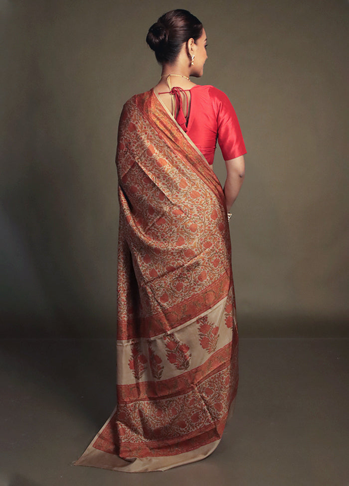 Cream Printed Pure Silk Saree Without Blouse Piece