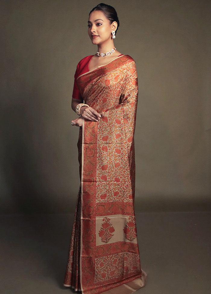 Cream Printed Pure Silk Saree Without Blouse Piece
