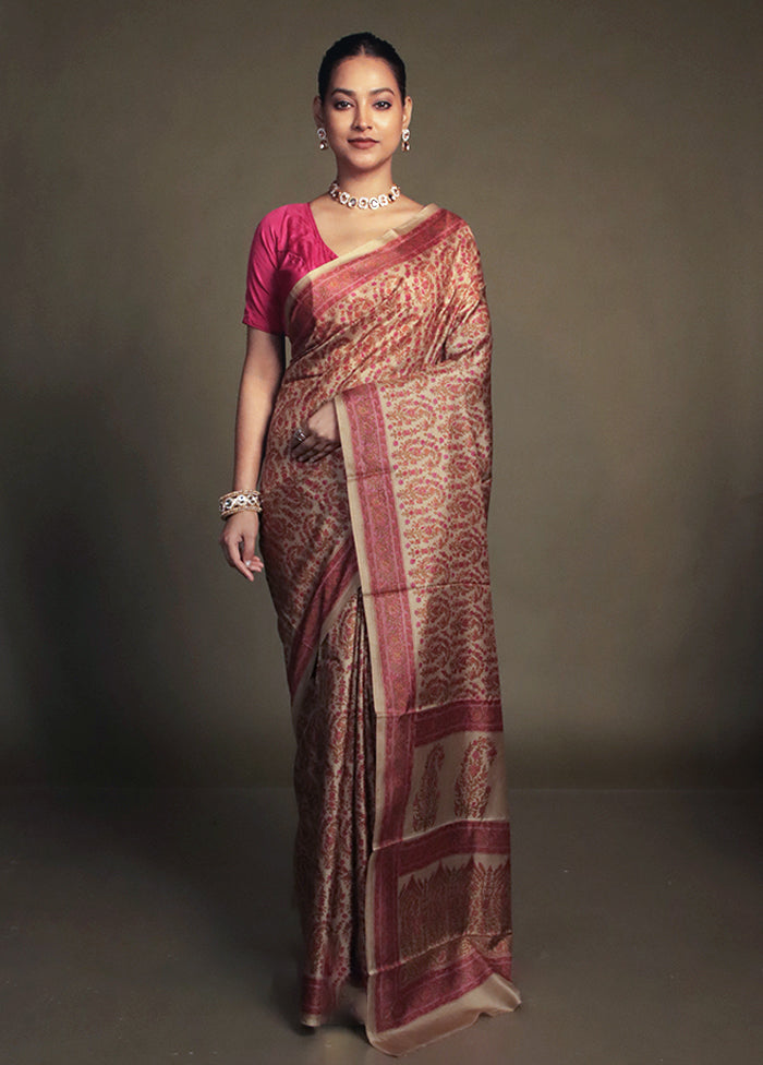 Cream Printed Pure Silk Saree Without Blouse Piece