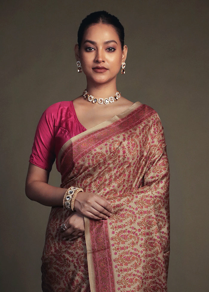 Cream Printed Pure Silk Saree Without Blouse Piece