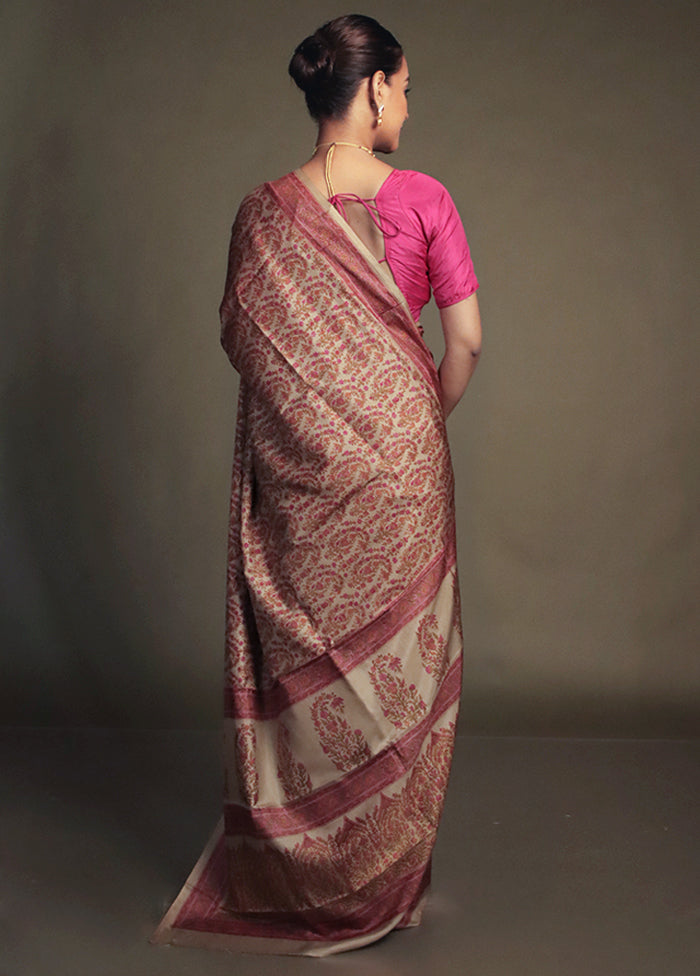 Cream Printed Pure Silk Saree Without Blouse Piece