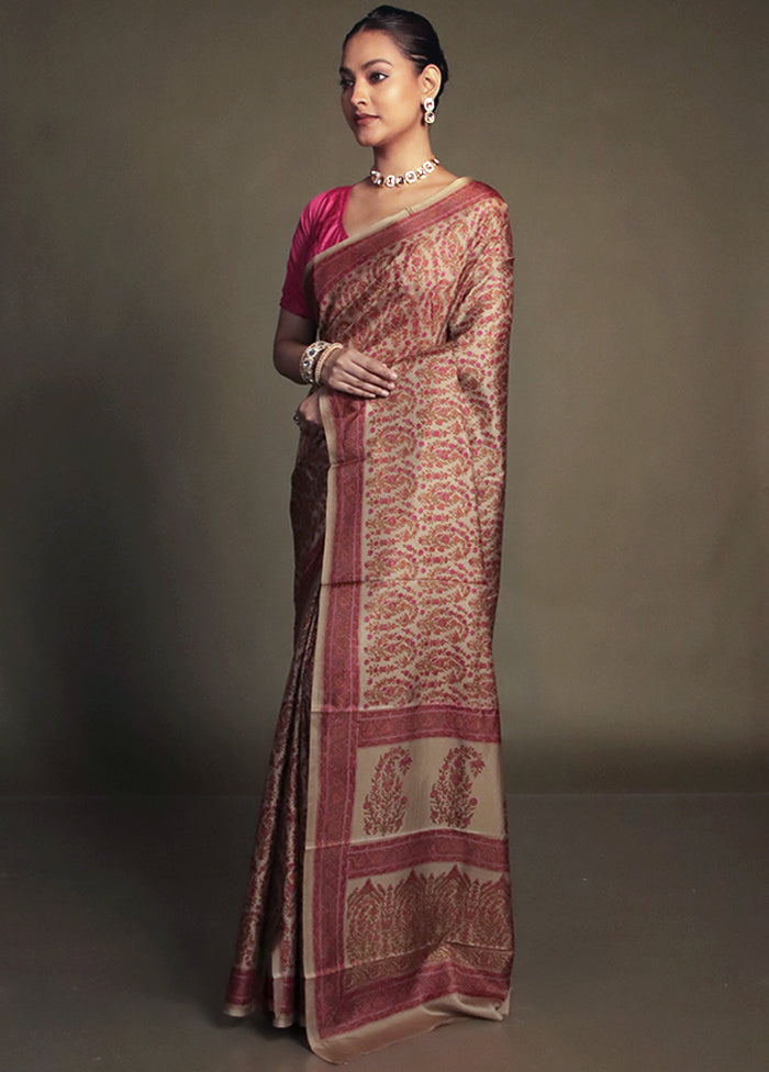 Cream Printed Pure Silk Saree Without Blouse Piece