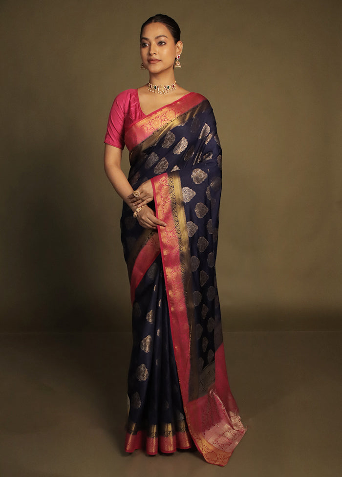 Blue Dupion Silk Saree With Blouse Piece
