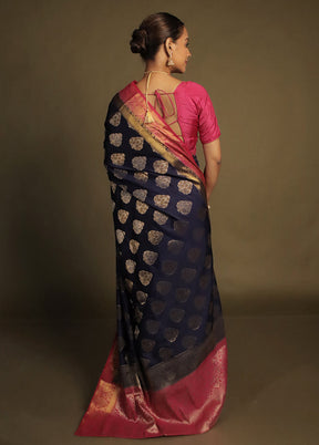 Blue Dupion Silk Saree With Blouse Piece