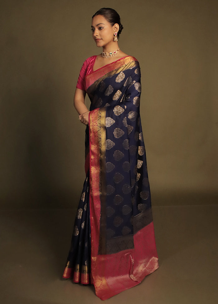 Blue Dupion Silk Saree With Blouse Piece