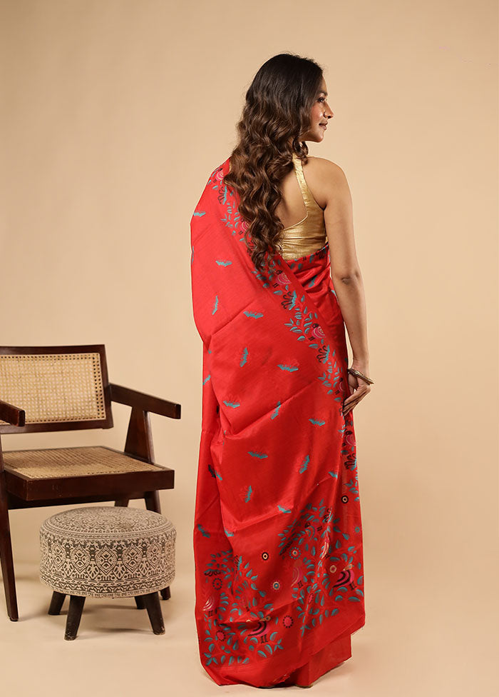 Red Dupion Silk Saree With Blouse Piece