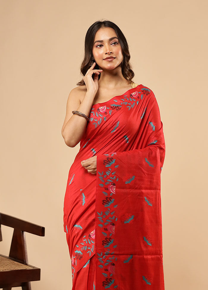 Red Dupion Silk Saree With Blouse Piece