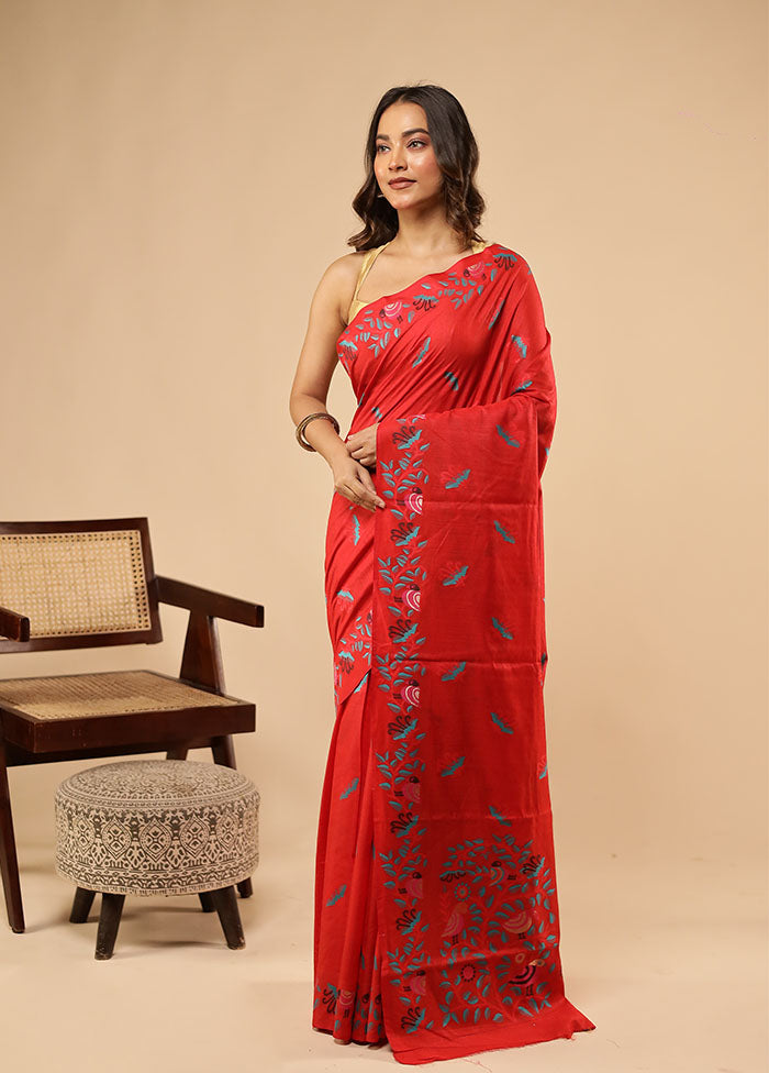 Red Dupion Silk Saree With Blouse Piece