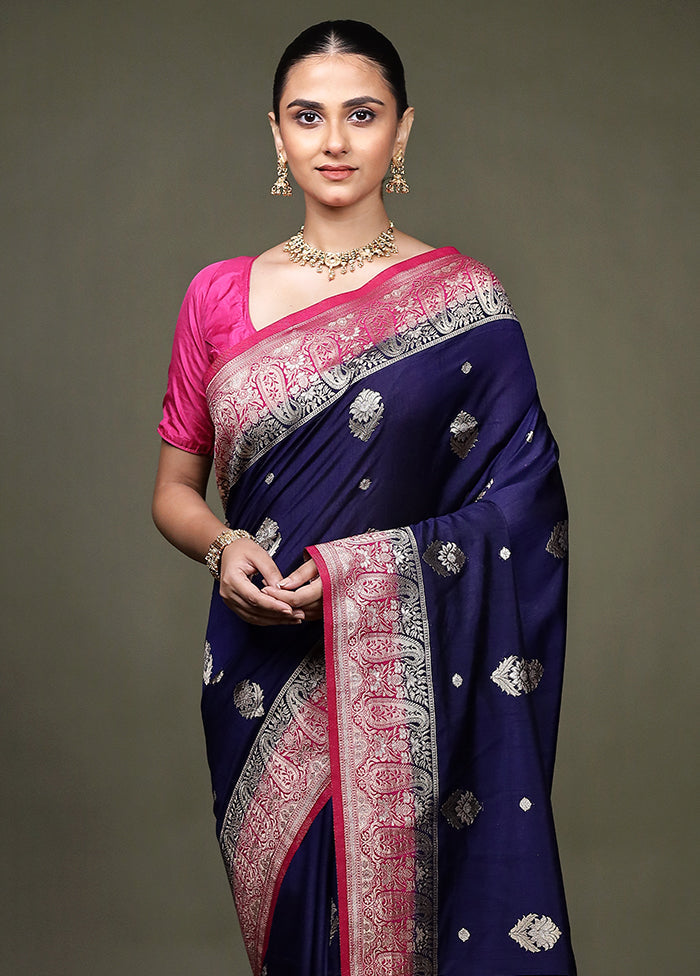 Blue Dupion Silk Saree With Blouse Piece