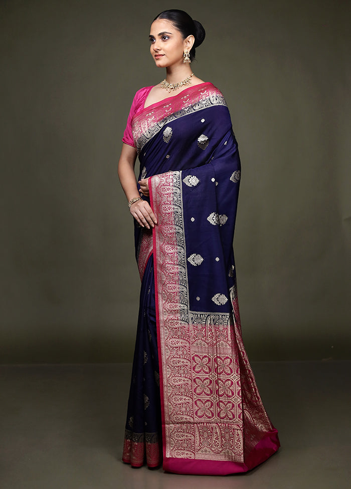 Blue Dupion Silk Saree With Blouse Piece