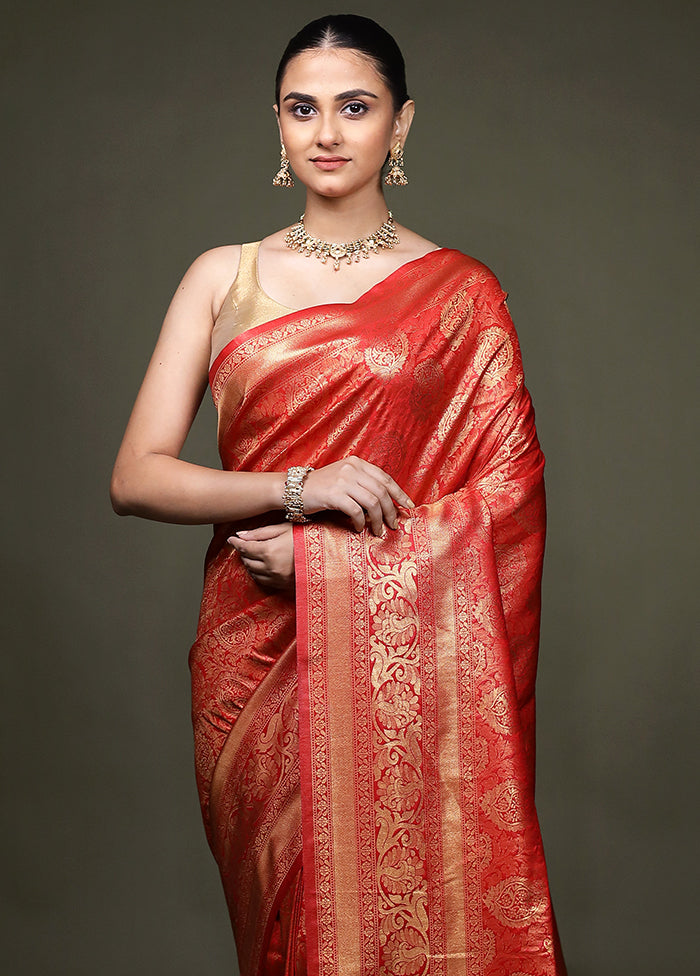 Red Dupion Silk Saree With Blouse Piece