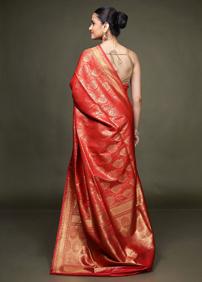 Red Dupion Silk Saree With Blouse Piece