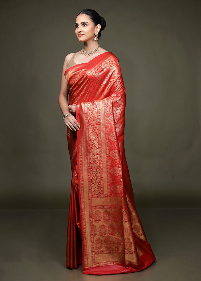 Red Dupion Silk Saree With Blouse Piece