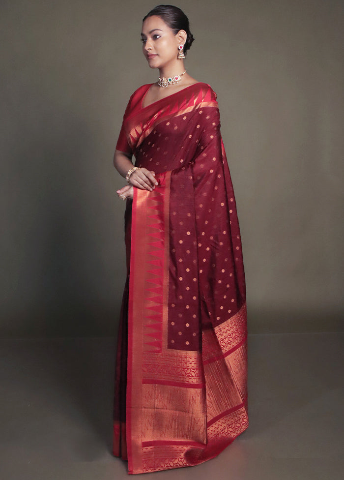 Maroon Dupion Silk Saree With Blouse Piece