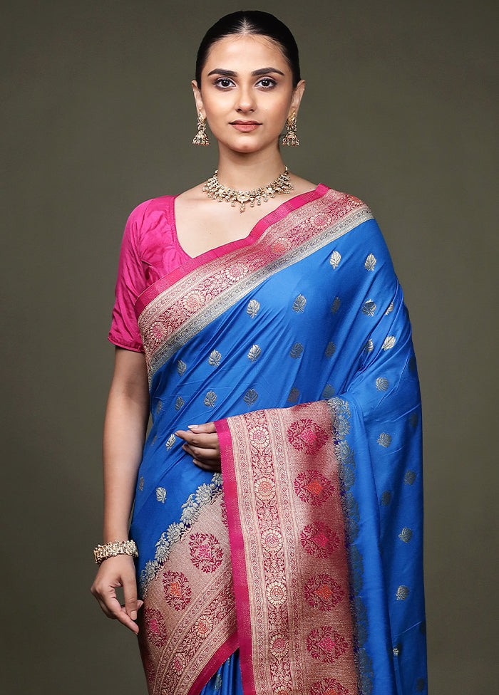 Blue Dupion Silk Saree With Blouse Piece