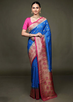 Blue Dupion Silk Saree With Blouse Piece