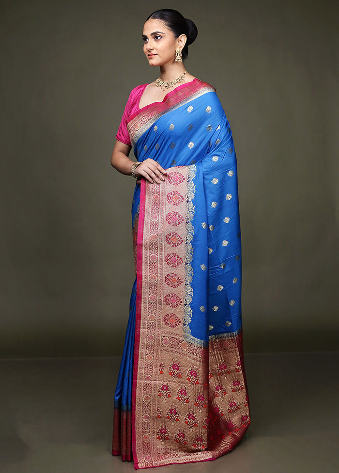 Blue Dupion Silk Saree With Blouse Piece