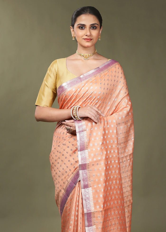 Peach Handloom Dupion Pure Silk Saree With Blouse Piece