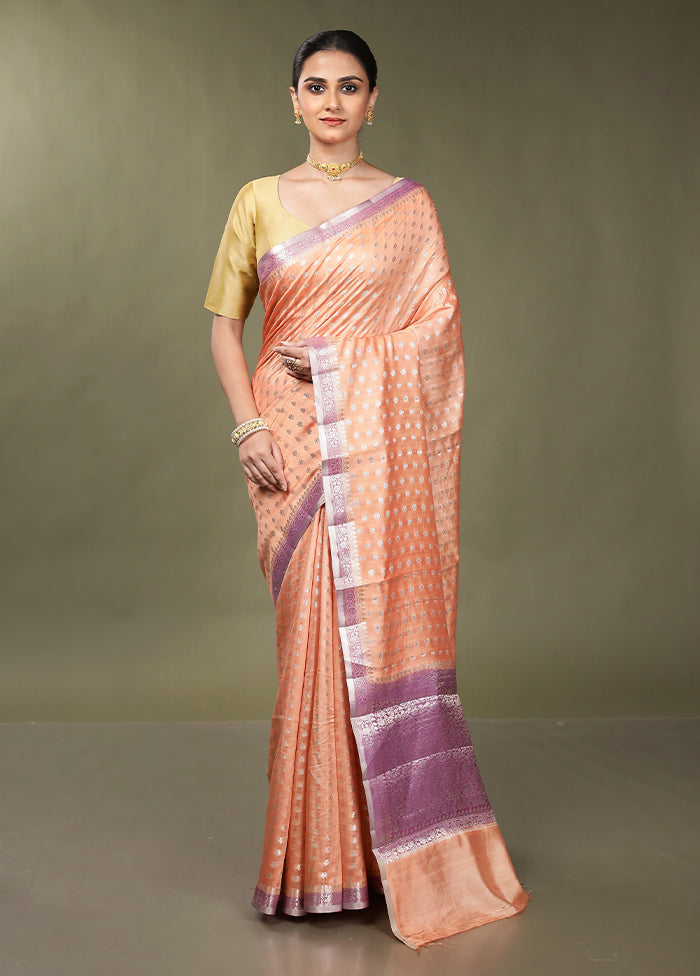 Peach Handloom Dupion Pure Silk Saree With Blouse Piece