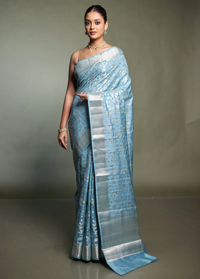 Blue Handloom Dupion Pure Silk Saree With Blouse Piece