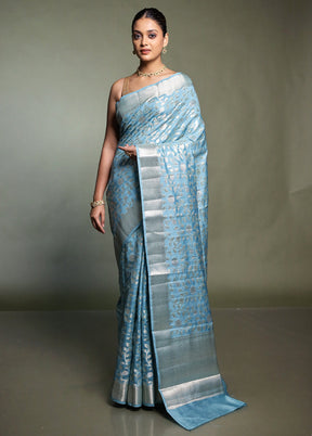 Blue Handloom Dupion Pure Silk Saree With Blouse Piece
