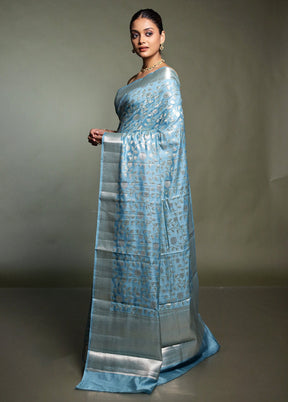 Blue Handloom Dupion Pure Silk Saree With Blouse Piece