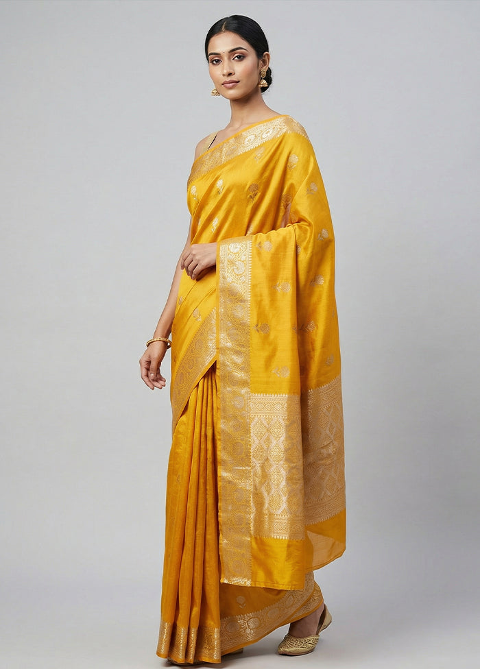Yellow Handloom Dupion Pure Silk Saree With Blouse Piece