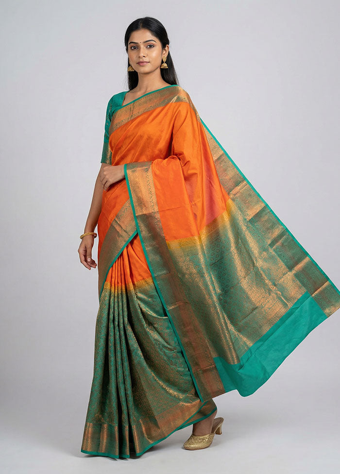 Rust Kanjivaram Silk Saree With Blouse Piece