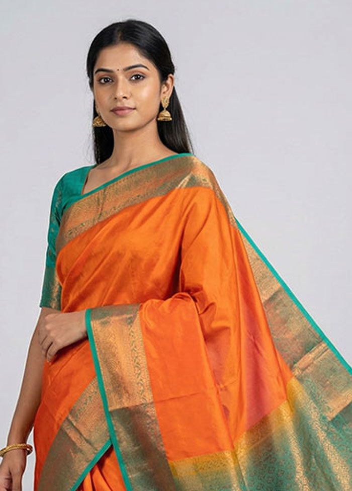Rust Kanjivaram Silk Saree With Blouse Piece