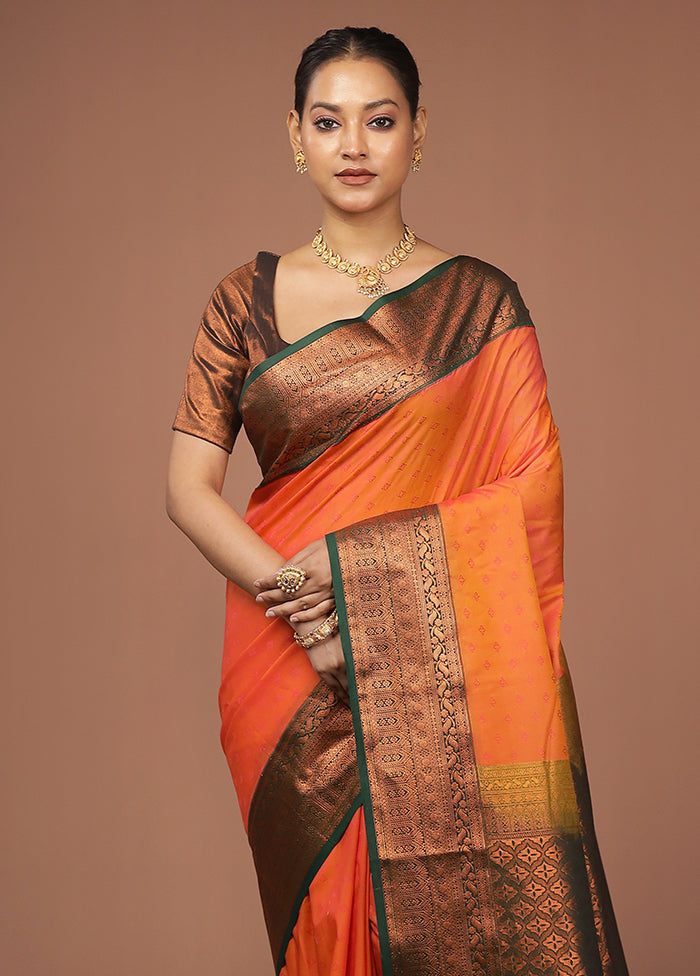 Rust Kanjivaram Silk Saree With Blouse Piece