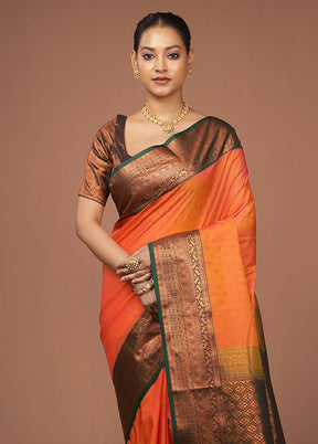 Rust Kanjivaram Silk Saree With Blouse Piece