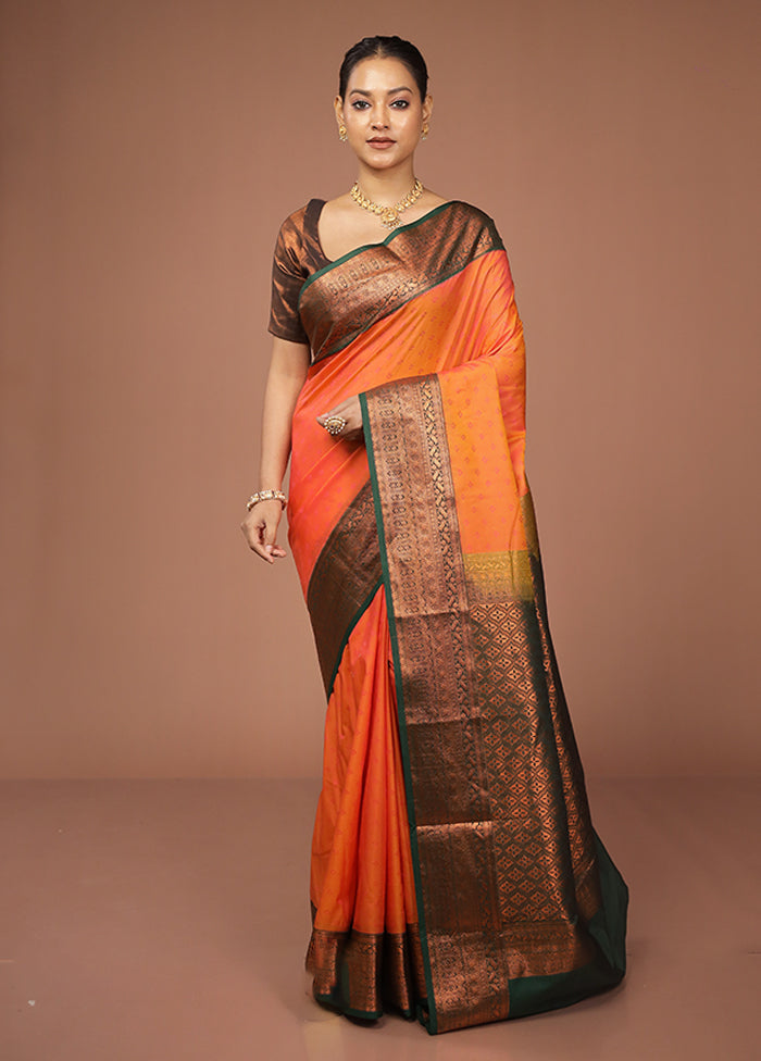 Rust Kanjivaram Silk Saree With Blouse Piece