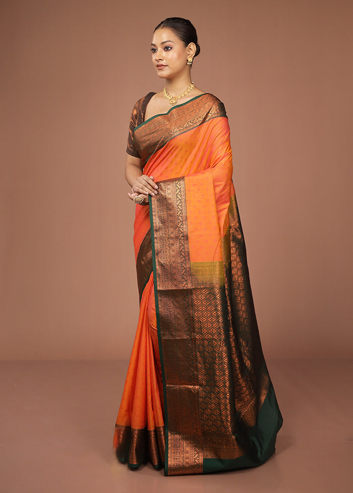 Rust Kanjivaram Silk Saree With Blouse Piece