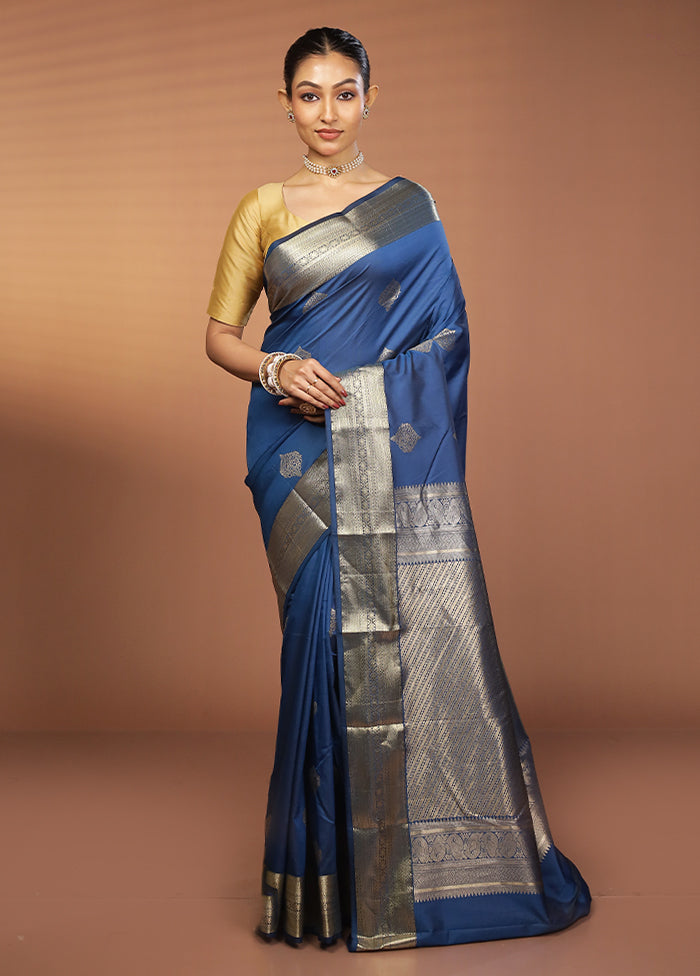 Blue Kanjivaram Silk Saree With Blouse Piece