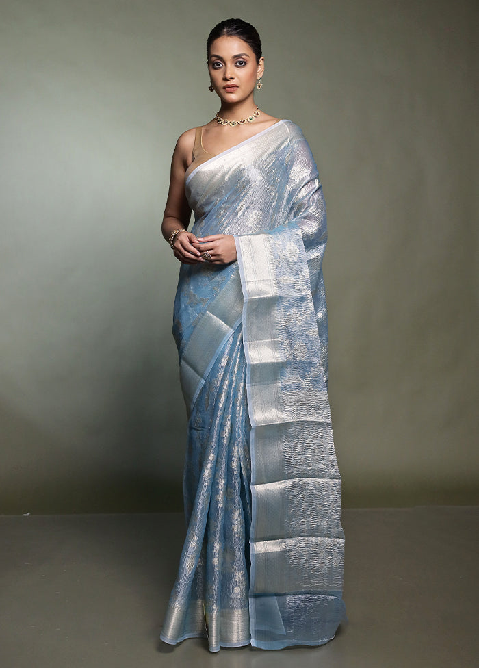 Blue Crushed Tissue Silk Saree With Blouse Piece