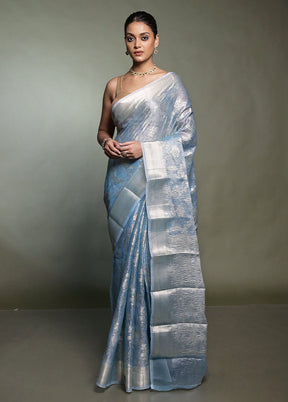 Blue Crushed Tissue Silk Saree With Blouse Piece