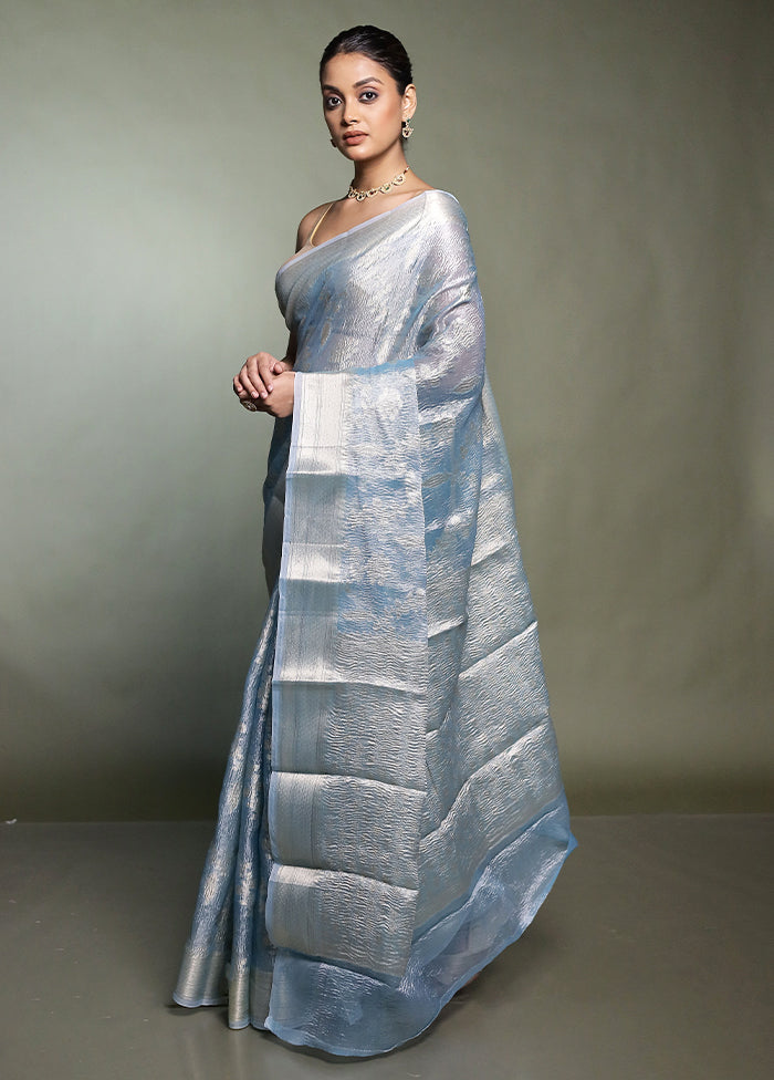 Blue Crushed Tissue Silk Saree With Blouse Piece