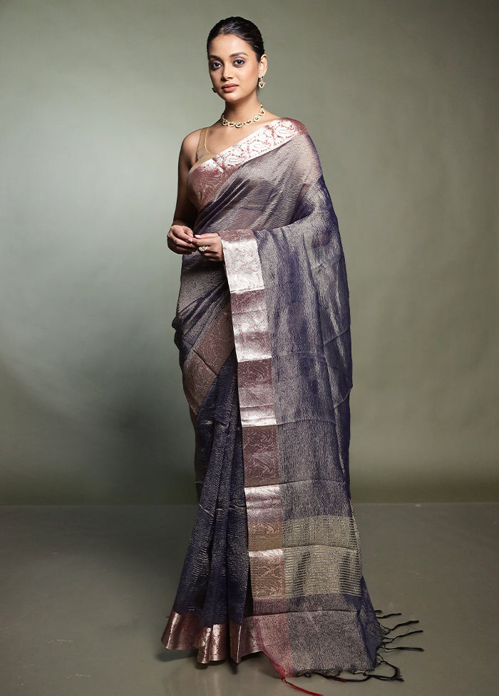 Blue Crushed Tissue Silk Saree With Blouse Piece