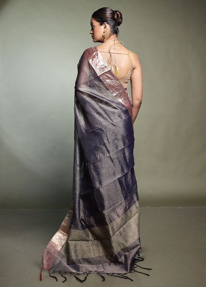Blue Crushed Tissue Silk Saree With Blouse Piece
