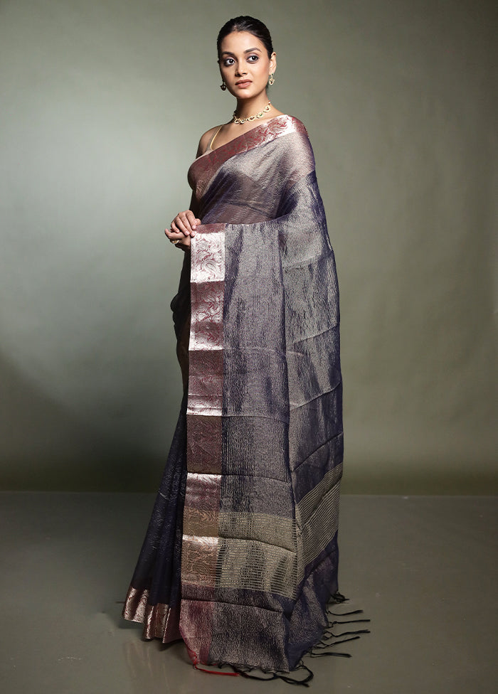 Blue Crushed Tissue Silk Saree With Blouse Piece