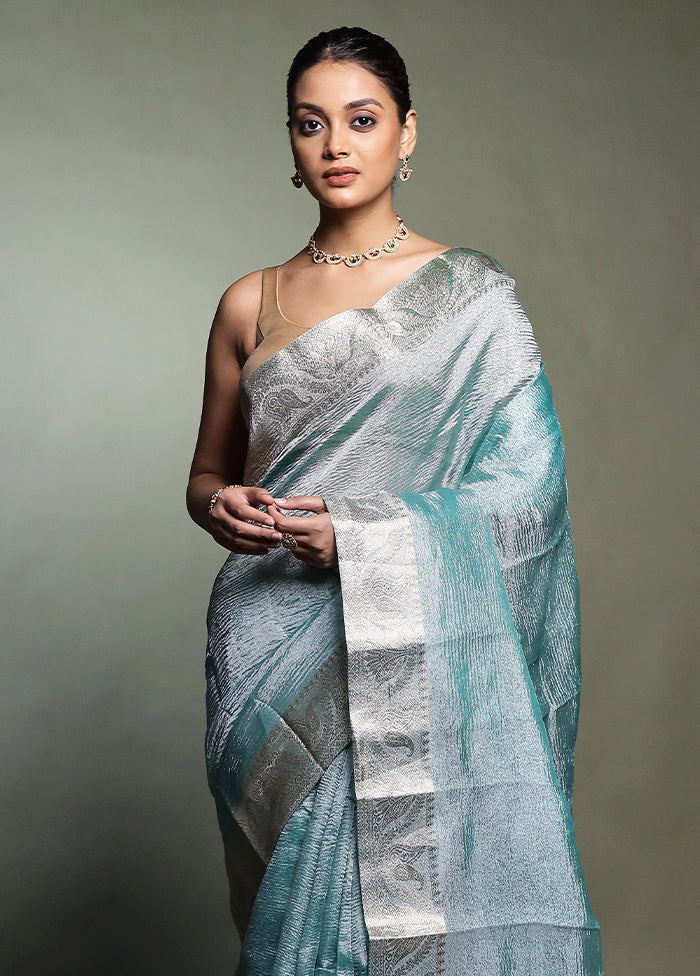 Green Crushed Tissue Silk Saree With Blouse Piece