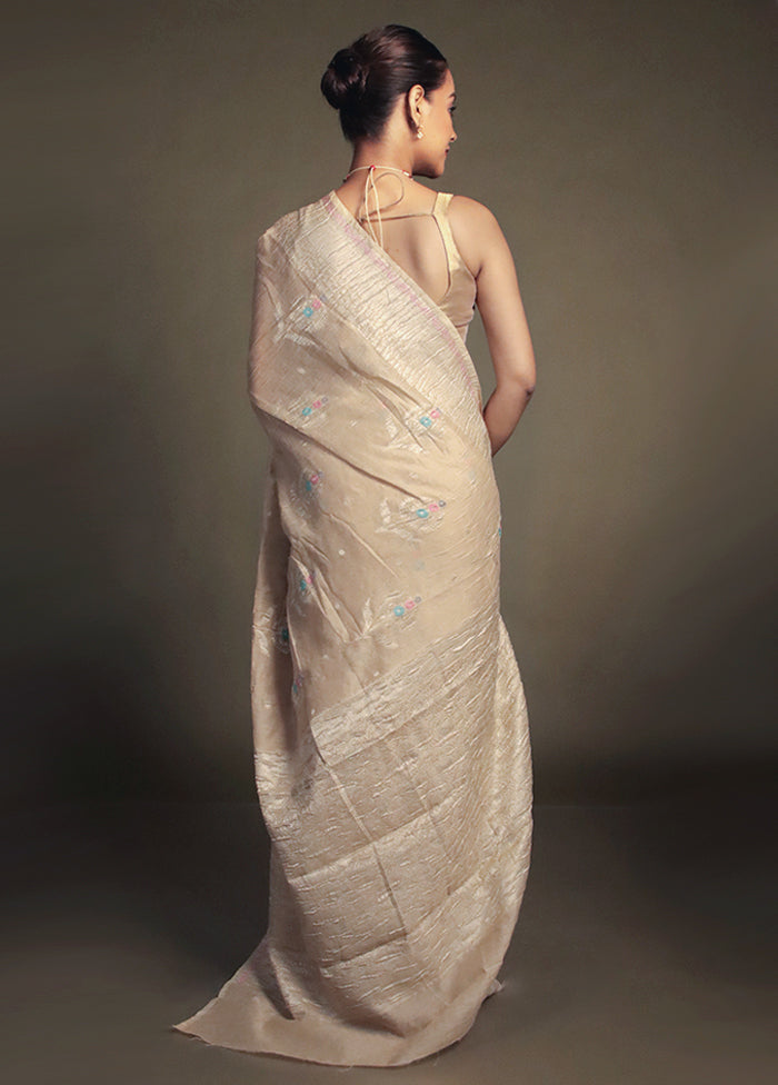 Cream Crushed Tissue Silk Saree With Blouse Piece