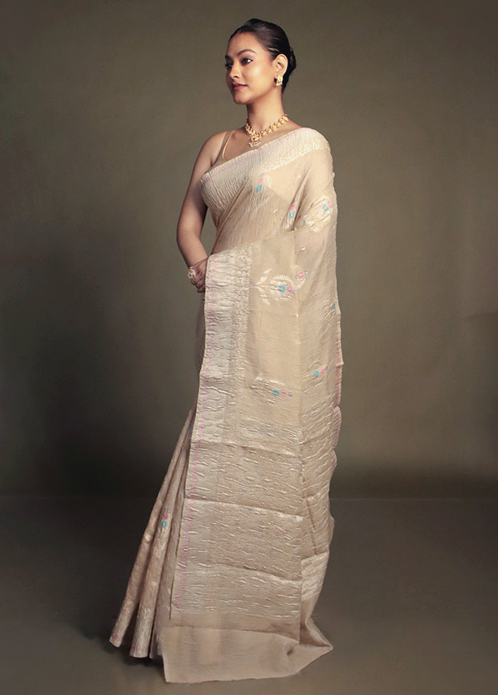 Cream Crushed Tissue Silk Saree With Blouse Piece