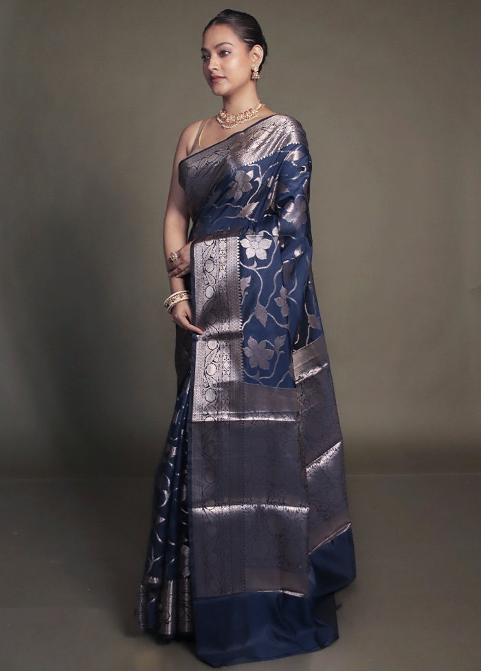 Blue Kora Silk Saree With Blouse Piece