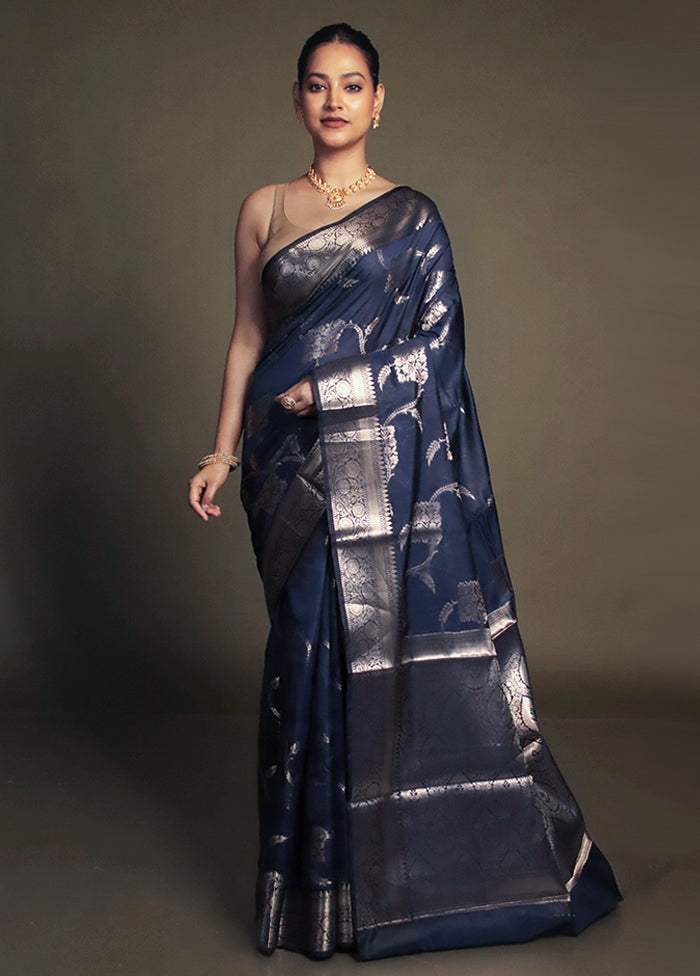 Blue Kora Silk Saree With Blouse Piece